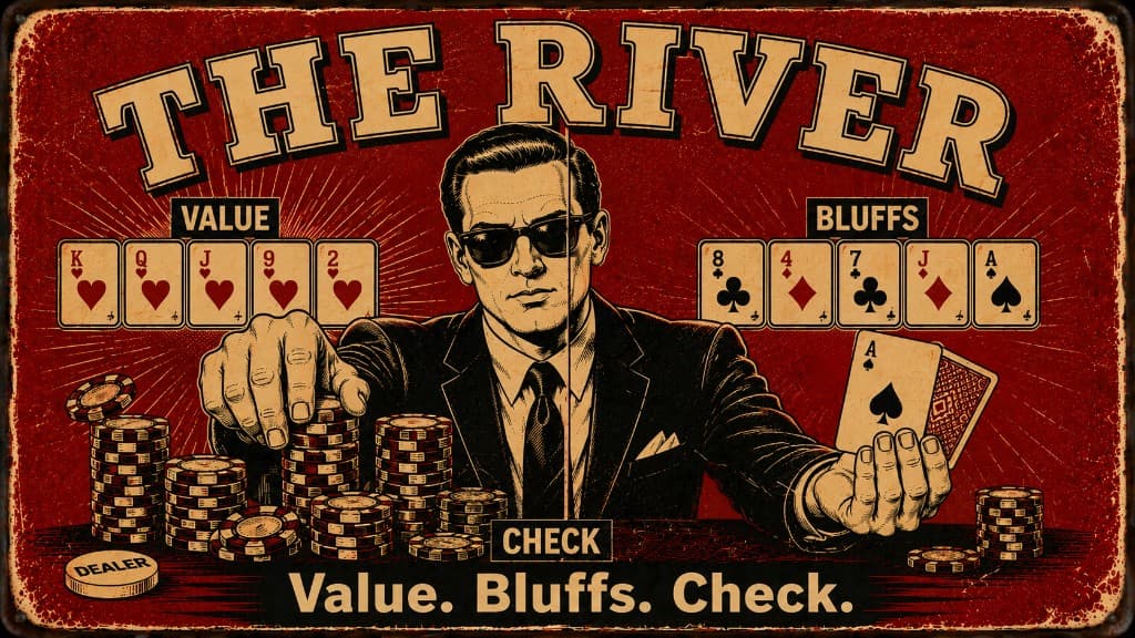 Vintage pulp poster: THE RIVER — Value. Bluffs. Check.