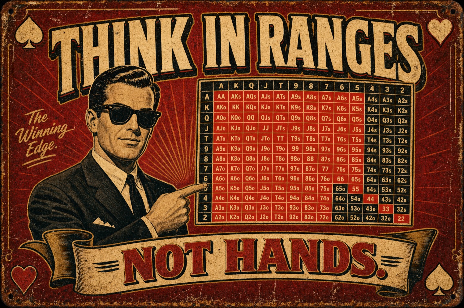 Think in ranges, not hands — the 13×13 grid, a vintage tin sign
